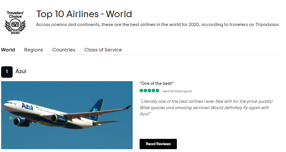 Azul é eleita a melhor companhia aérea do mundo
