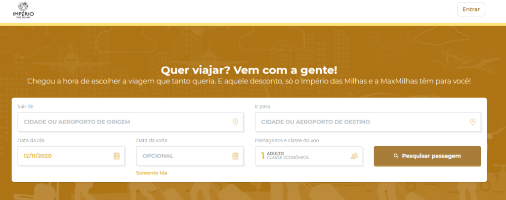 Plataforma Império das Milhas para comprar passagem e viajar barato