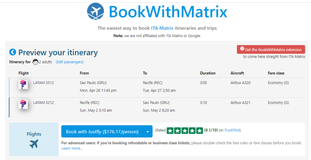 A plataforma BookWithMatrix permite que você importe a sua pesquisa e reserve o bilhete