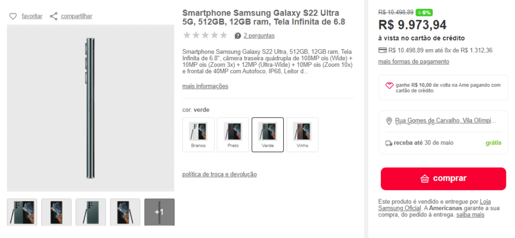 Galaxy S22 - Vendido e entregue por Samsung