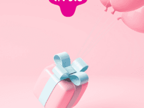 caixa de presente rosa sendo carregada por balões rosas