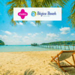 imagem de uma praia com a logo da Livelo com Búzios Beach Resort