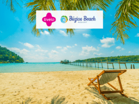 imagem de uma praia com a logo da Livelo com Búzios Beach Resort