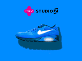 tênis azul com fundo da mesma cor e logo da Livelo e Studio Z