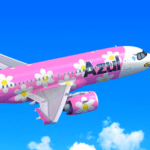 Aeronave florida rosa com logo da Azul