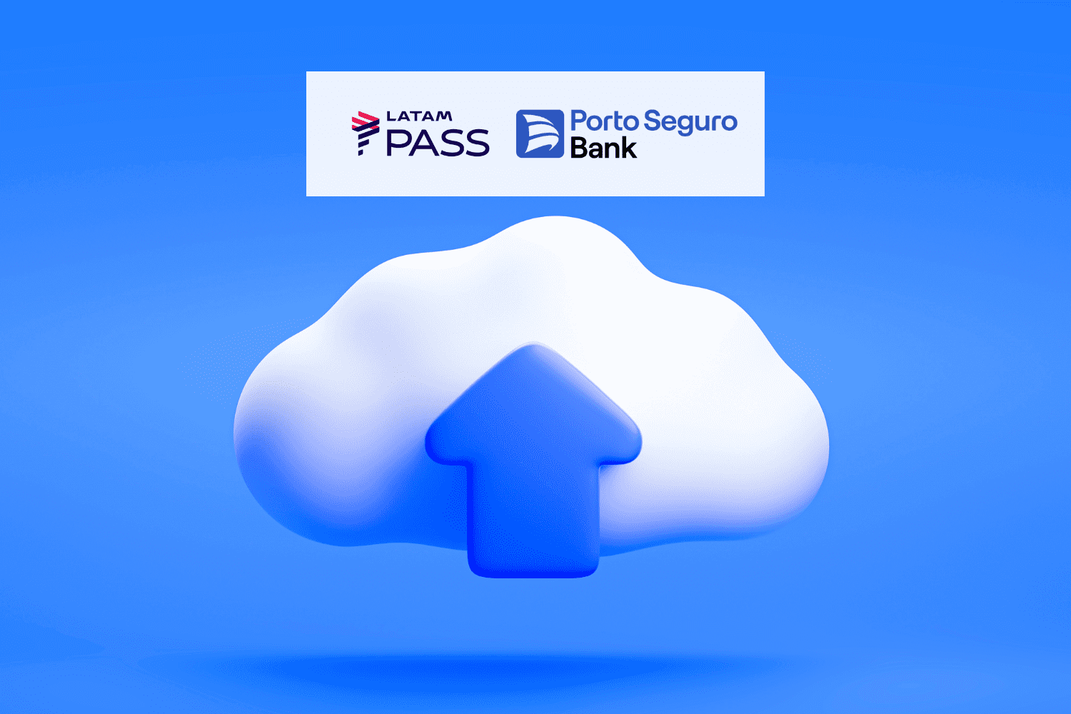 Imagem de uma nuvem com uma seta para cima com logo Latam Pass e Porto Seguro Bank