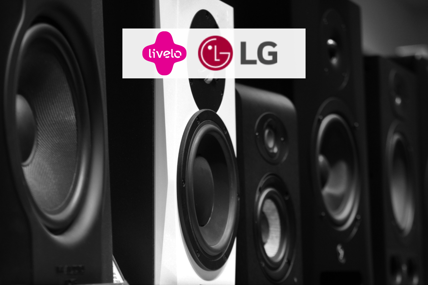 Caixa de som nas cores preto e branco com logo LG e Livelo