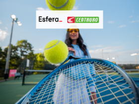 mulher com raquete de tênis com logo esfera e Centauro
