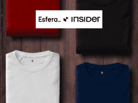 roupas na cor branca, vermelha, preta e azul com logo Esfera e Insider