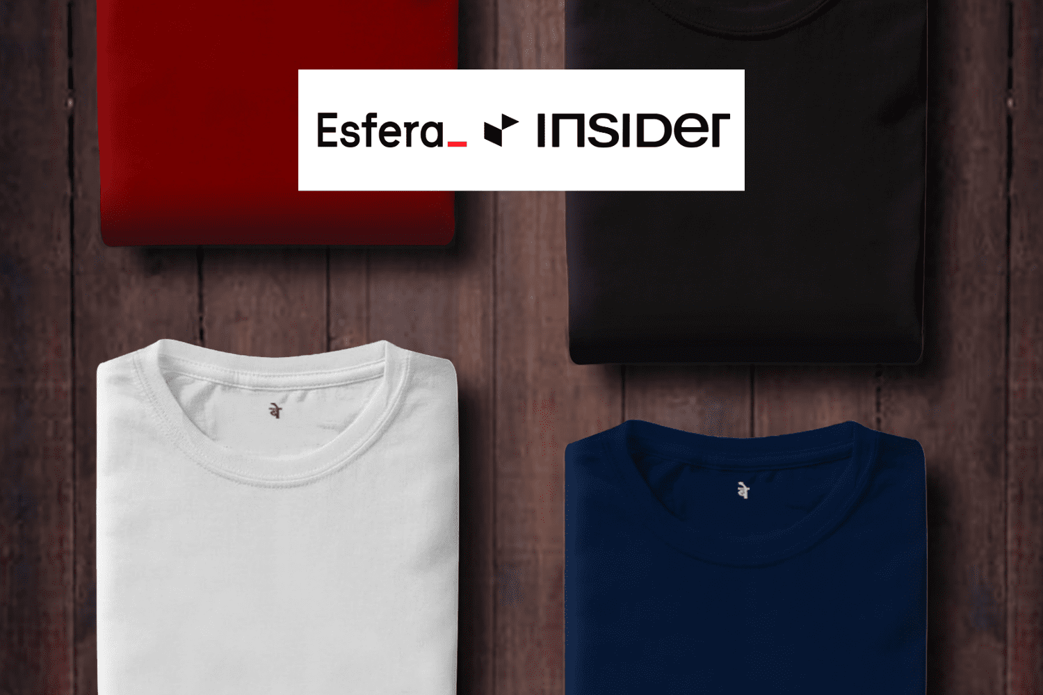 roupas na cor branca, vermelha, preta e azul com logo Esfera e Insider