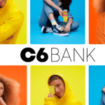 Modelos com looks nas cores amarelo, laranja e azul com a logo do C6 Bank