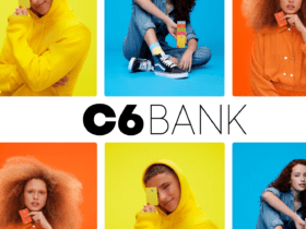 Modelos com looks nas cores amarelo, laranja e azul com a logo do C6 Bank