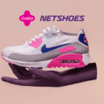 mão roxa segurando um tênis com fundo rosa e logo livelo e Netshoes