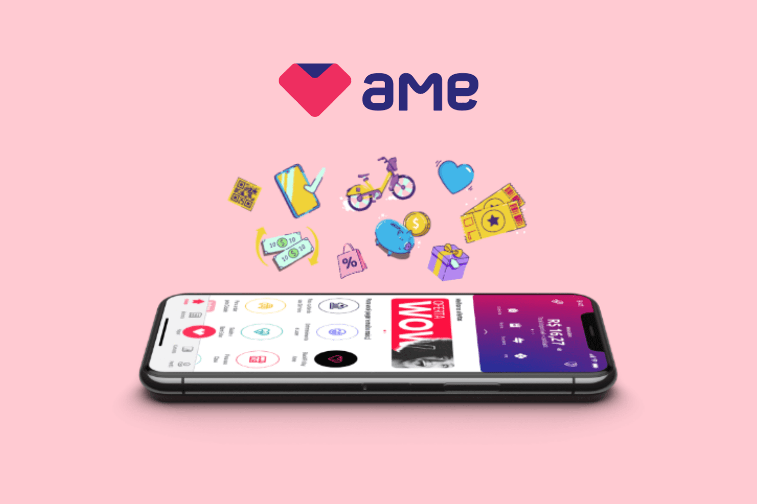 celular com o aplicativo e logo da Ame e vários ícones