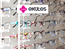 óculos exposto em loja com logo Livelo e Okulos