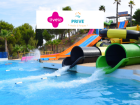 Piscina de um parque aquático com logo Livelo e Privé Hotéis e Parques Até 6 pontos Livelo