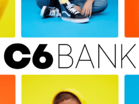 Modelos com looks nas cores amarelo, laranja e azul com a logo do C6 Bank