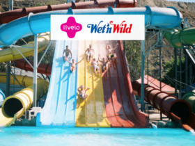 Escorregadeira de parque aquático com logo Livelo e Wet1n Wild 8 pontos Livelo