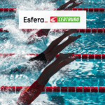 Nadadores saltando na piscina com logo Esfera e Centauro 6 pontos Esfera