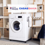 máquina de lavar roupas com logo Latam Pass e Casas Bahia 5 pontos Latam Pass