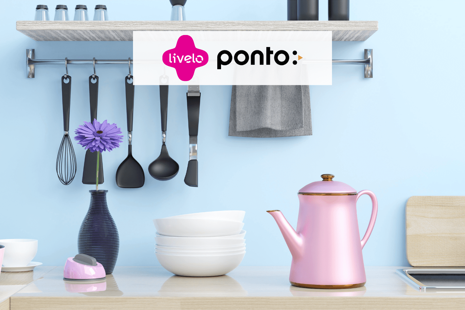 utensílios domésticos coloridos com logo Livelo e Ponto 8 pontos Livelo
