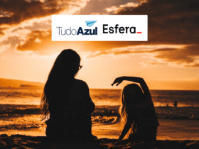 silhueta de uma mulher acompanhada de uma menina com em frente ao mar com logo TudoAzul e Esfera Bônus TudoAzul