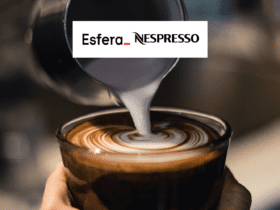 colocando café em uma xícara com logo Esfera e Nespresso 5 pontos Esfera