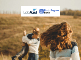 família feliz em um jardim com logo TudoAzul e Porto Bank bônus TudoAzul