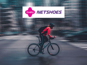 pessoa andando de bicicleta com logo Livelo e Netshoes 10 pontos Livelo
