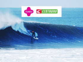 surfista em uma onda com logo Livelo e Centauro 8 pontos Livelo