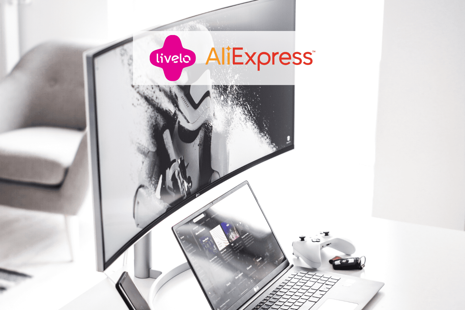 tela de computador com notebook, logo Livelo e AliExpress 10 pontos Livelo