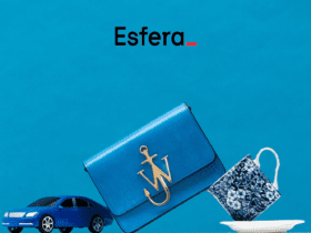 bolsa, carro e caneca azul com logo Esfera Turbina Saldo Esfera
