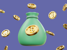 bolsa de dinheiro verde com fundo roxo e moedas douradas voando trocar milhas por dinheiro