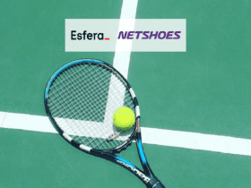 raquete de tênis com bola e logo Esfera e Netshoes 12 pontos Netshoes