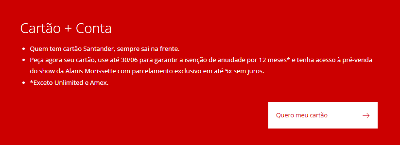Santander oferece 1 ano de anuidade gratuita em novas adesões