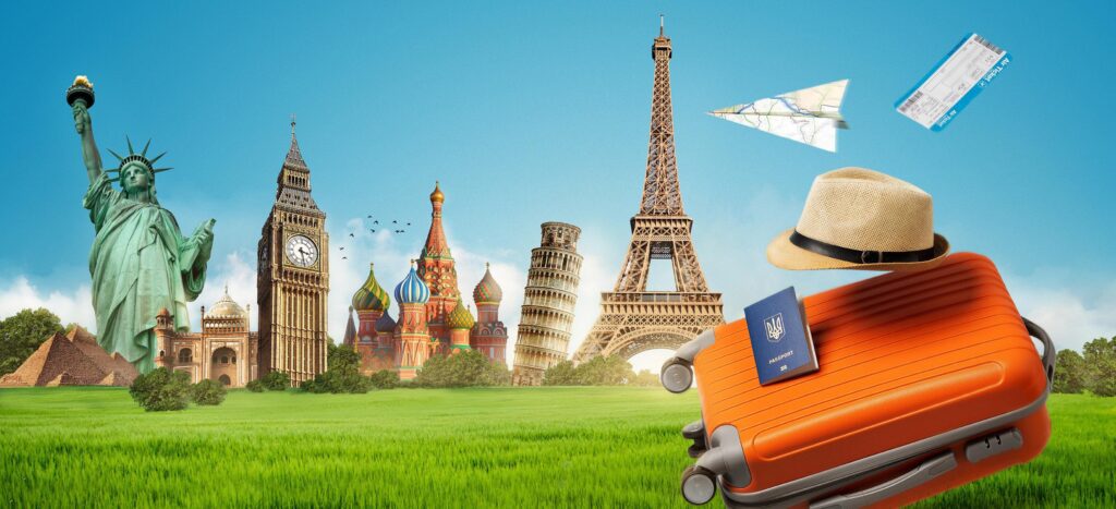 imagem com mala de viagem, chapéu, passaporte e pontos turísticos de alguns países  trocar milhas por dinheiro
