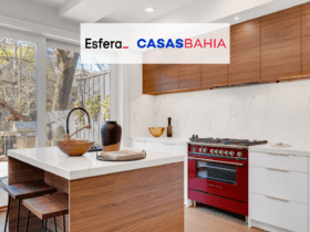 cômodo de uma cozinha com logo Esfera e Casas Bahia 6 pontos Esfera