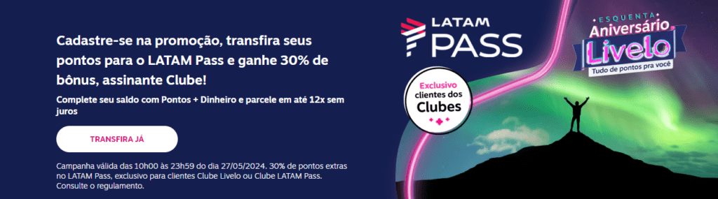 até 30% de bônus Latam Pass com a Livelo