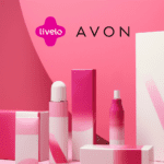 Cosméticos diversos em exposição diante de um fundo rosa, com as marcas Livelo e Avon no centro superior da imagem.
