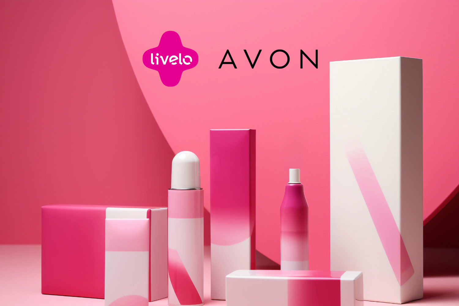 Cosméticos diversos em exposição diante de um fundo rosa, com as marcas Livelo e Avon no centro superior da imagem.