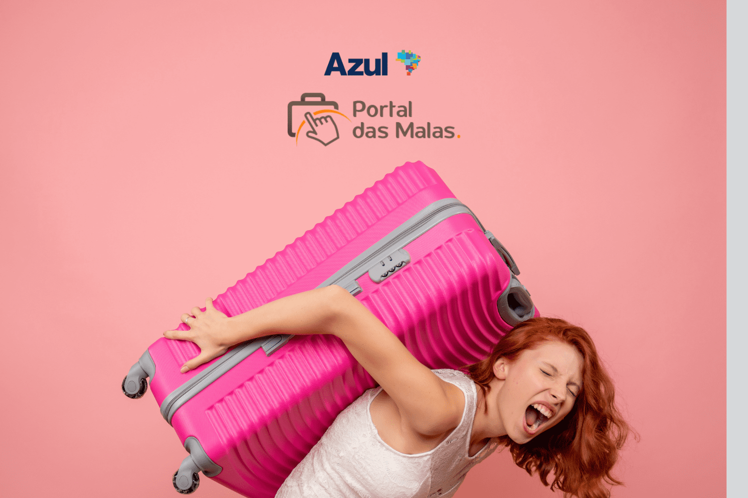Ganhe até 14 pontos Azul por real no Portal das Malas! Mulher segurando uma mala rosa nas costas, com um fundo rosa e os logotipos da Azul e Portal das Malas no topo da imagem.