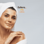 Imagem de uma mulher com uma toalha branca enrolada na cabeça e outra toalha branca envolvendo seus ombros. Ela tem uma expressão serena e está tocando suavemente seu ombro esquerdo com a mão direita. O fundo é cinza claro. No centro superior da imagem, estão os logos da Esfera e da Natura, sugerindo uma parceria entre as marcas.
