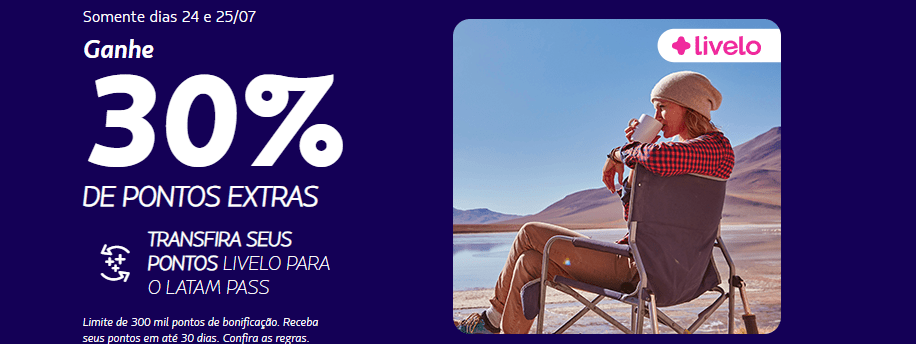 até 30% de bônus Latam Pass com a Livelo