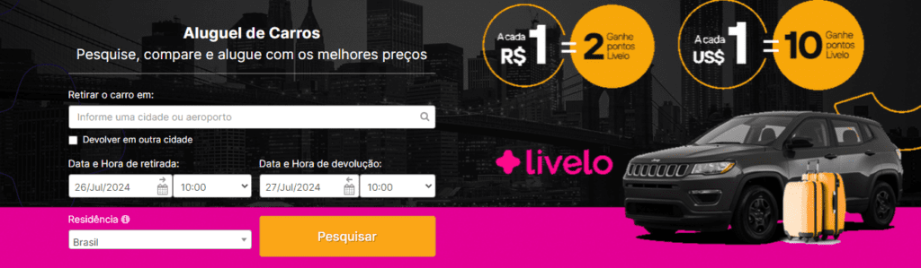até 10 pontos Livelo com a Rentcars