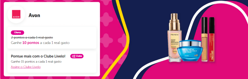 Ganhe até 15 pontos Livelo por real gasto na loja Avon