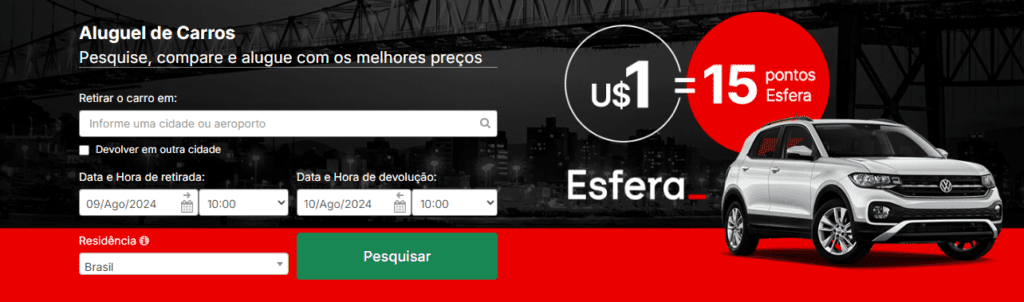 Ganhe até 15 pontos Esfera por dólar gasto na Rentcars.
