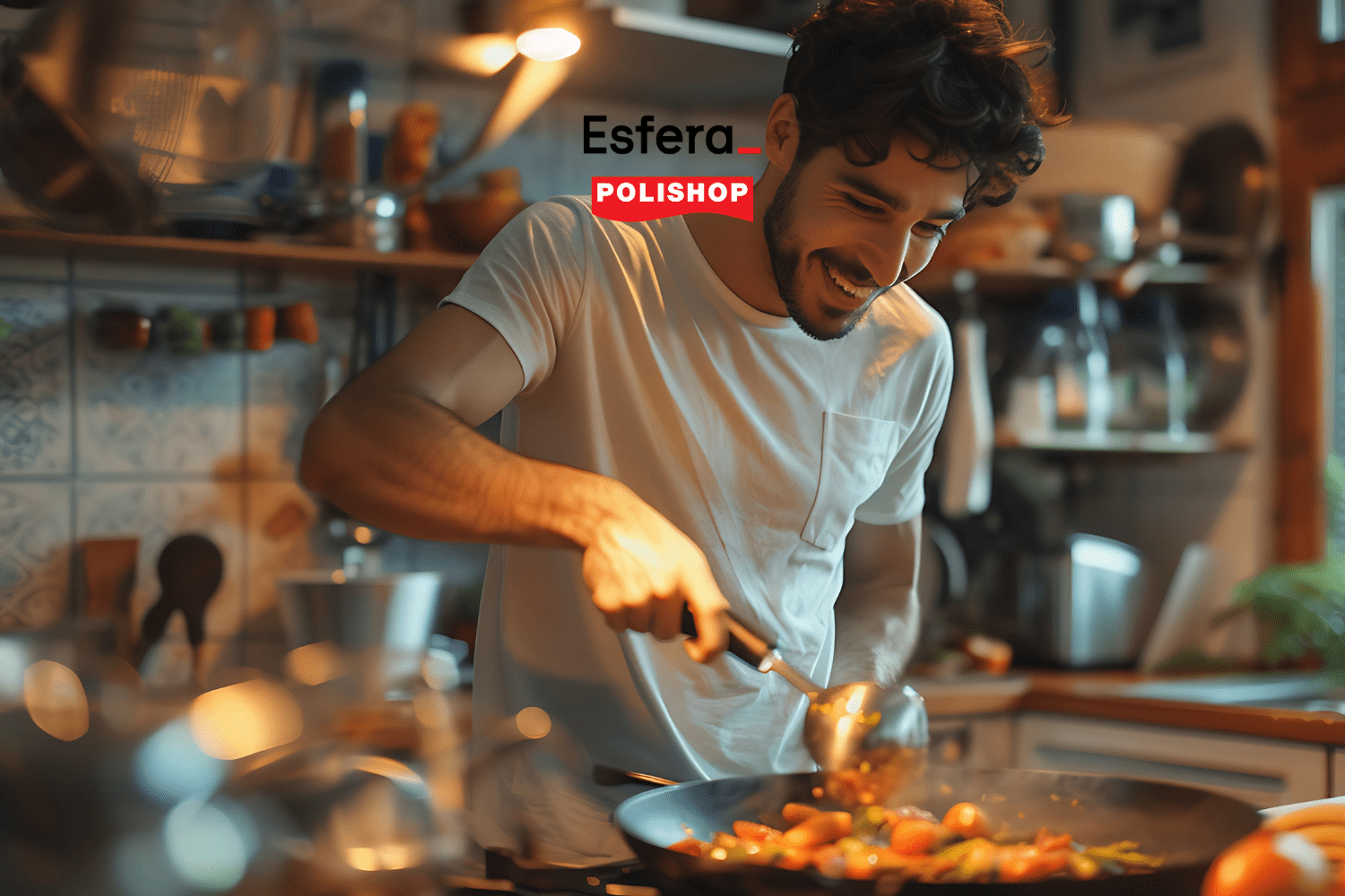 Homem sorridente cozinhando em uma cozinha bem iluminada, mexendo ingredientes em uma frigideira. Acima dele, estão os logos da Esfera e da Polishop, indicando uma parceria voltada para produtos de cozinha e utensílios domésticos.