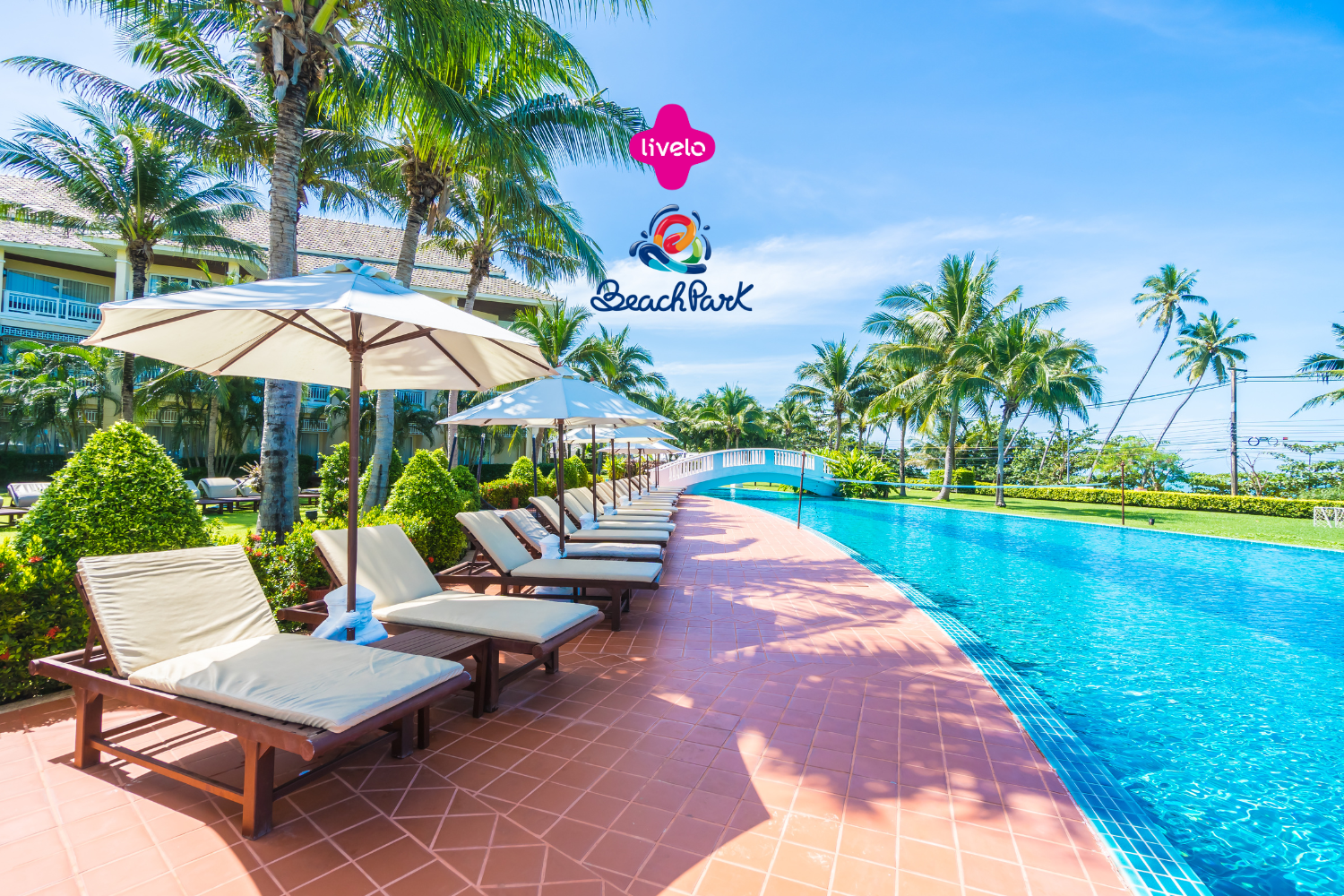 Piscina em um resort cercada por espreguiçadeiras com guarda-sóis brancos, palmeiras e um céu azul claro. Acima da cena, estão os logos da Livelo e do Beach Park, sugerindo um ambiente de lazer e relaxamento em um destino tropical.
