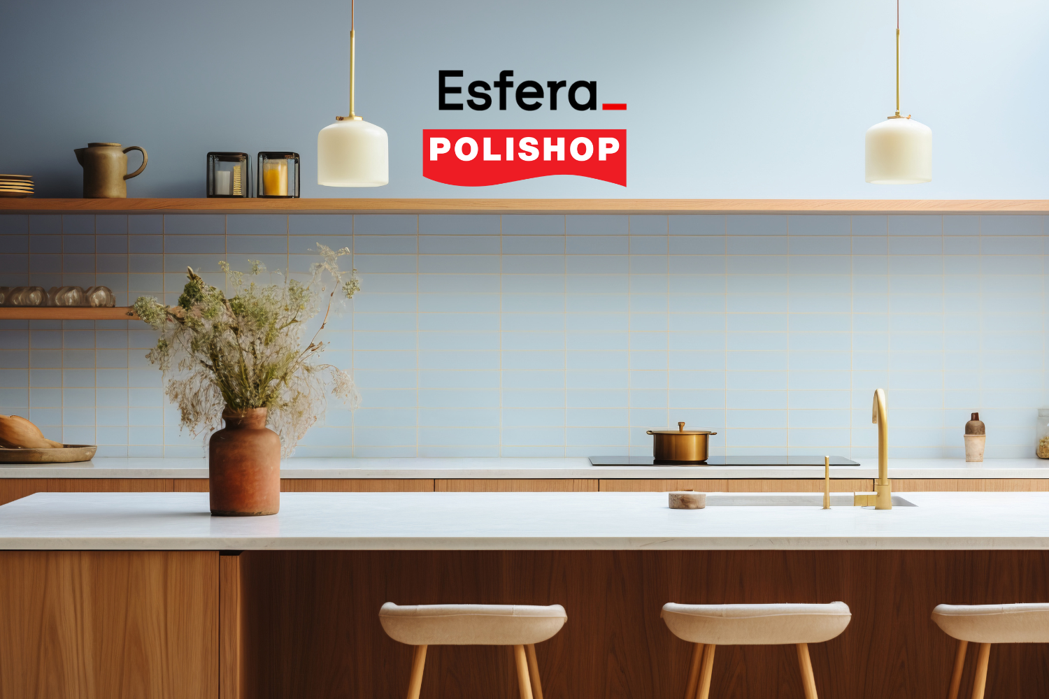 Uma cozinha moderna com uma ilha central em madeira clara, decorada com um vaso de flores secas. No fundo, uma parede com azulejos claros e prateleiras minimalistas. As logos "Esfera" e "Polishop" estão posicionadas na parte superior da imagem.