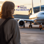 Uma mulher de costas, com uma mochila nas costas, olha para um avião estacionado na pista do aeroporto ao pôr do sol. Acima, estão as logos da LATAM Pass e da Credicard